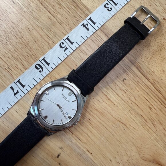 Kenneth Cole Mens Silver Watch With Black Leather Band Analog Date Display - Picture 7 of 12